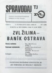Zápasový bulletin Žilina-Baník Ostrava (6.12.1986)