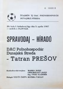Zápasový bulletin Dunajská Streda-Prešov (5.4.1987)