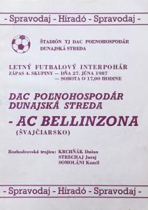 Zápasový bulletin Dunajská Streda-Bellinzona (27.6.1987)
