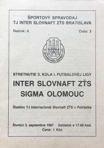 Zápasový bulletin Inter Bratislava-Olomouc (3.9.1987)
