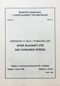 Zápasový bulletin Inter Bratislava-Dunajská Streda (5.3.1989)