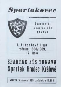 Zápasový bulletin Trnava-Hradec Králové (5.3.1989)
